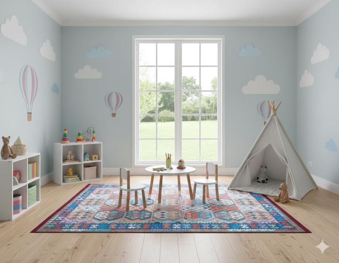 Vintage Kilim Design Rug: Washable Blue Living Room Rug