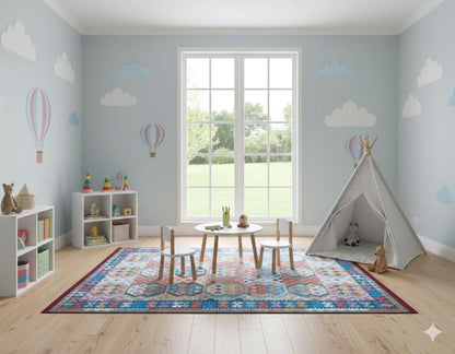 Vintage Kilim Design Rug: Washable Blue Living Room Rug