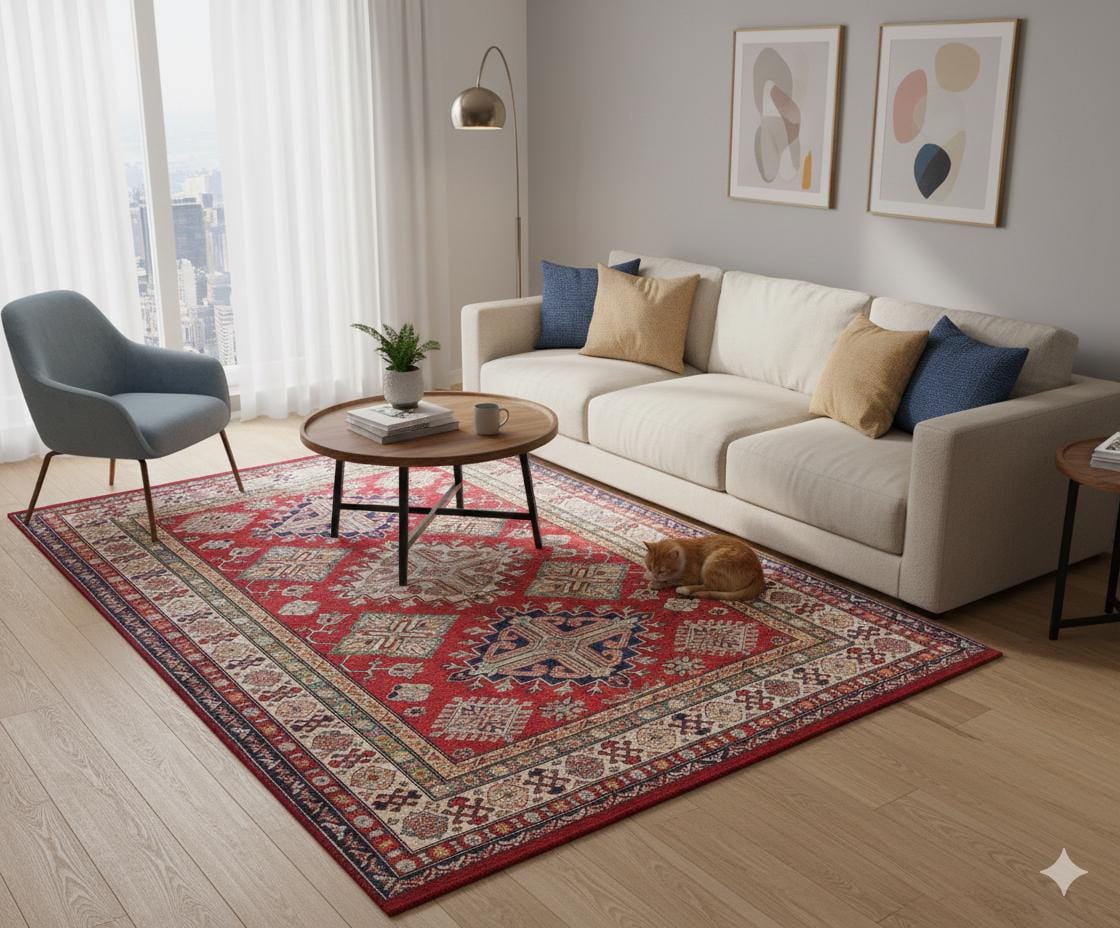 Vintage Red Oriental Kazak Rug: Washable Living Room Carpet