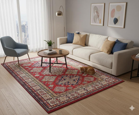 Vintage Red Oriental Kazak Rug: Washable Living Room Carpet