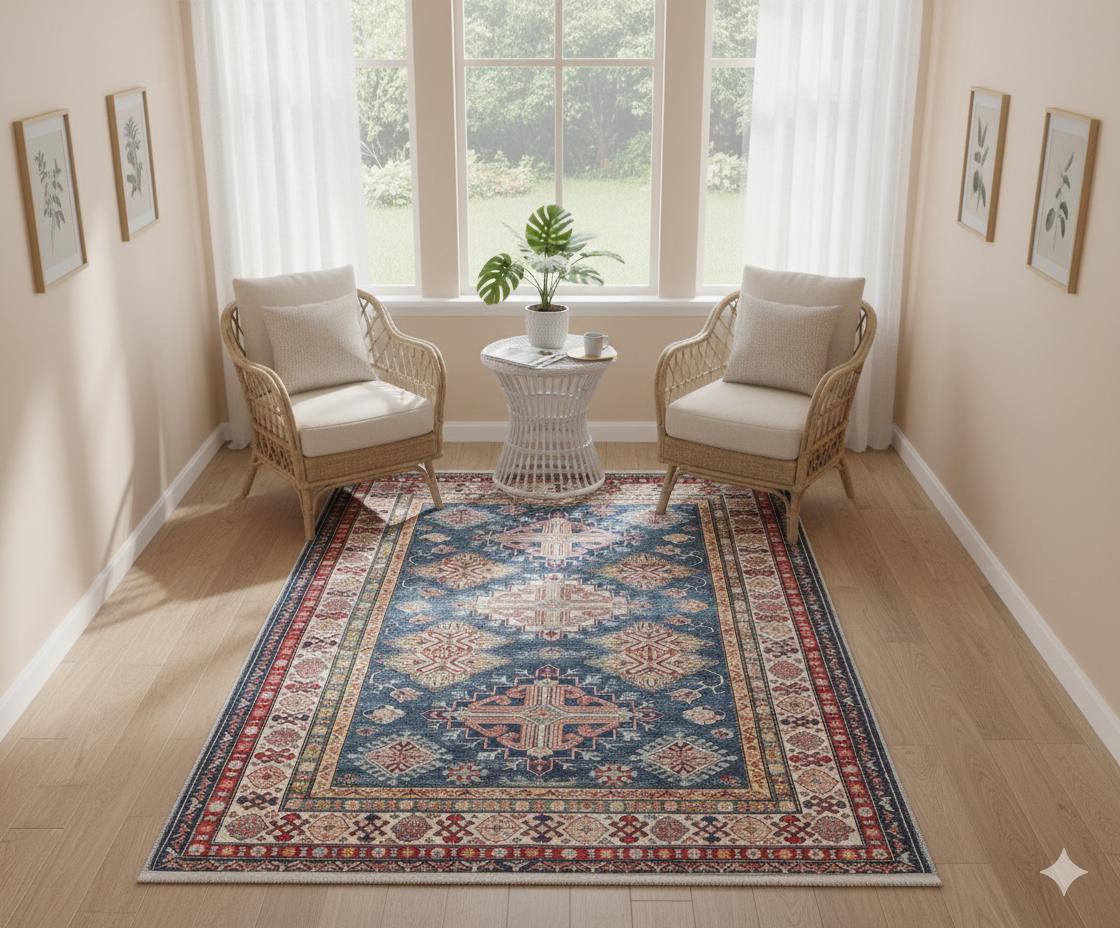 Blue Oriental Kazak Rug: Vintage Washable Rug with Tassels