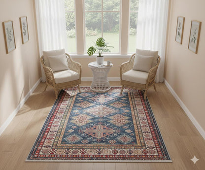 Blue Oriental Kazak Rug: Vintage Washable Rug with Tassels