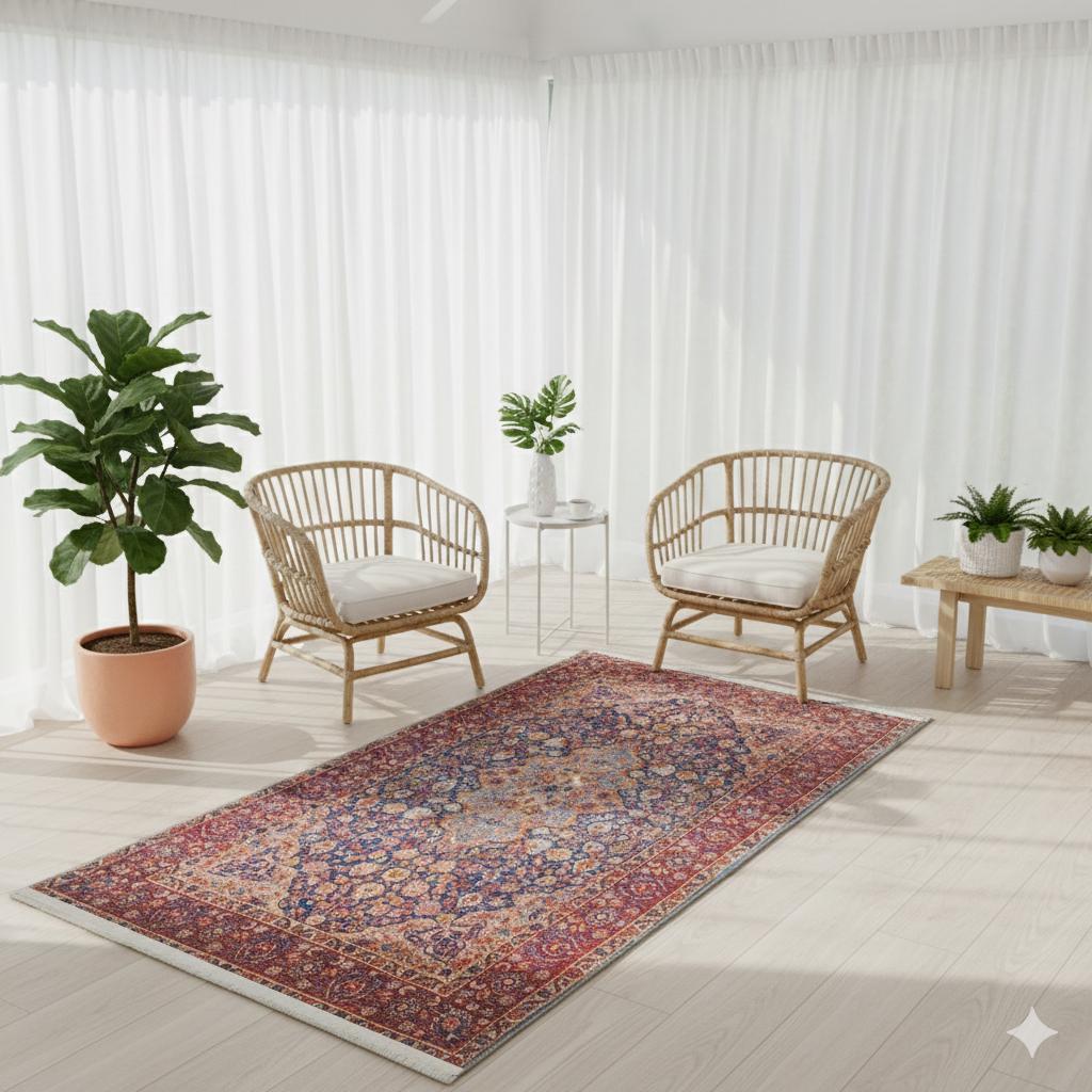 Red Vintage oriental Rug: Classic Washable Rug with Tassels
