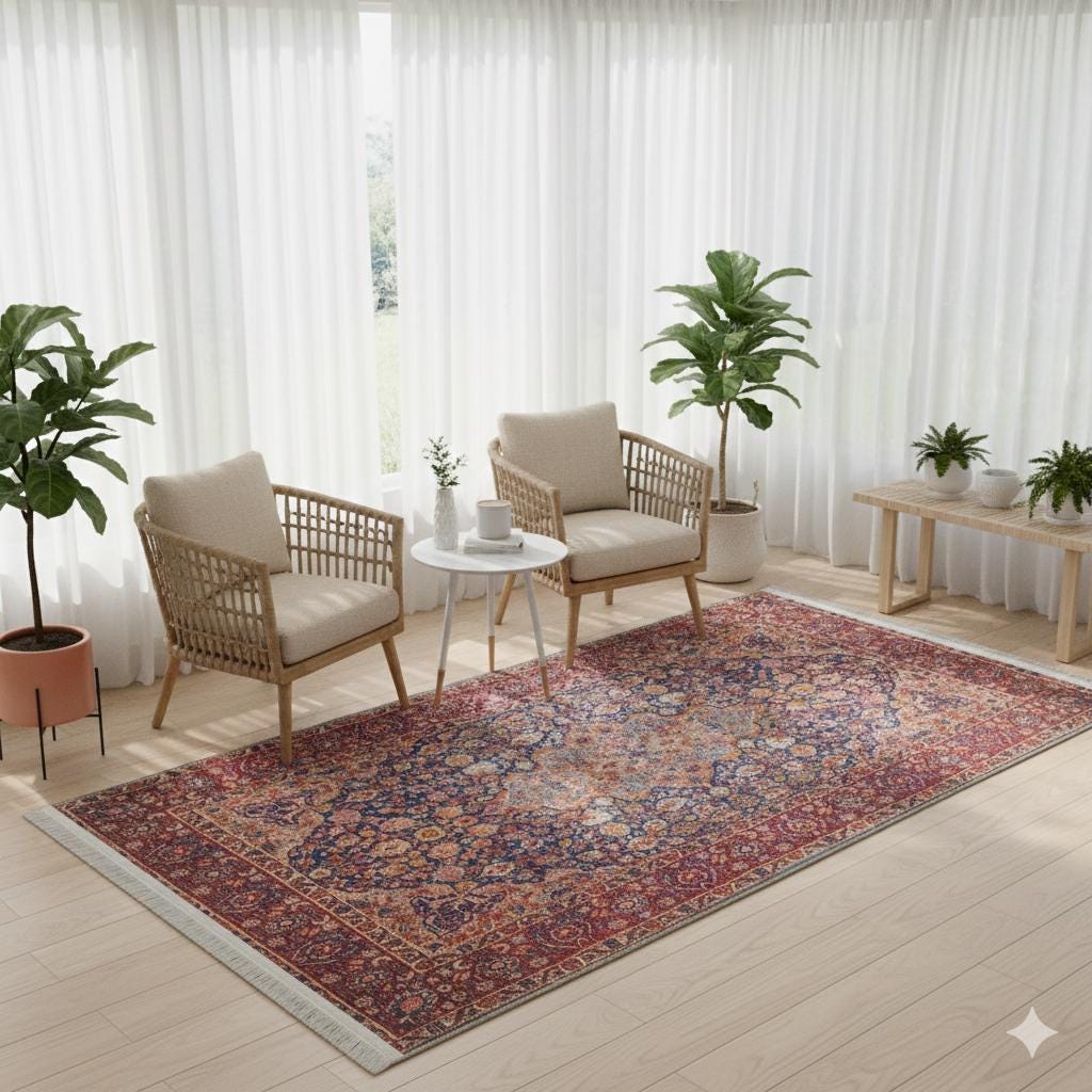 Red Vintage oriental Rug: Classic Washable Rug with Tassels
