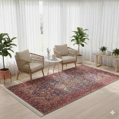 Red Vintage oriental Rug: Classic Washable Rug with Tassels