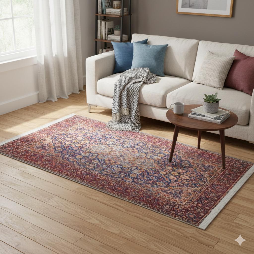 Red Vintage oriental Rug: Classic Washable Rug with Tassels