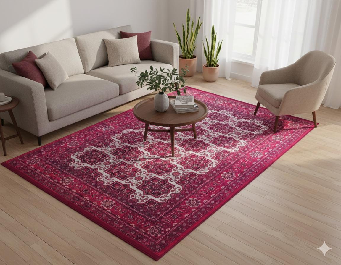 Vintage Red Oriental Afghan Rug: Washable Living Room Carpet with Tassels