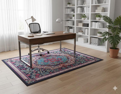 Vintage Blue Karabagh Rug: Black Floral Carpet with Tassels
