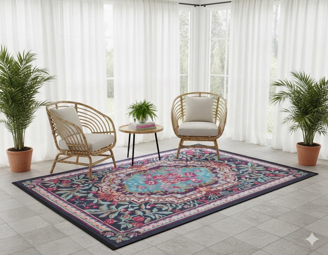 Vintage Blue Karabagh Rug: Black Floral Carpet with Tassels
