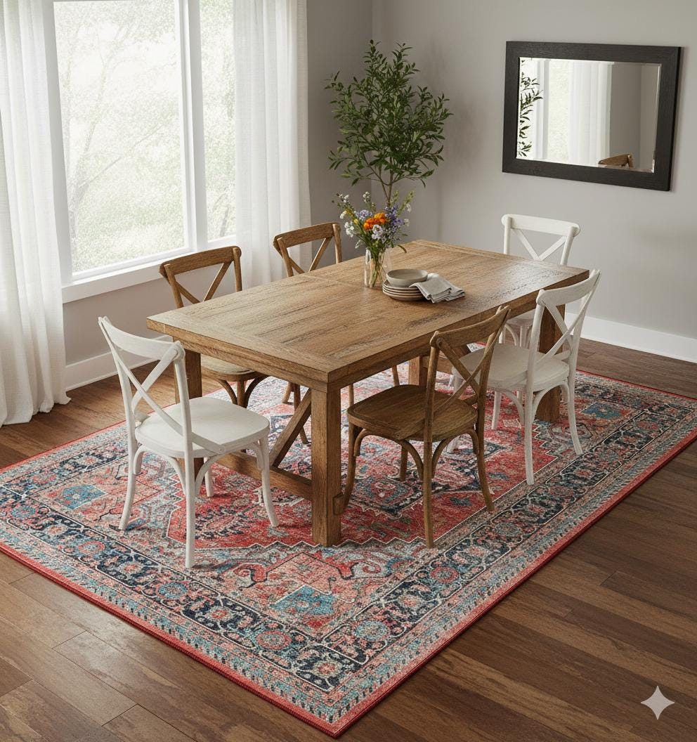 Red Vintage Oriental Rug: Classic Washable Rug with Tassels