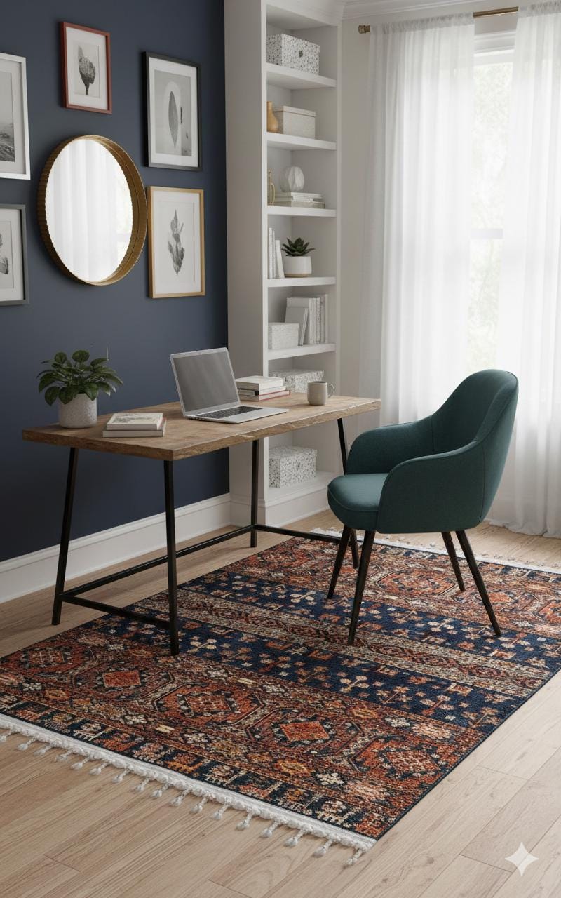Blue Vintage Orienatl Rug: Classic Washable Rug with Tassels