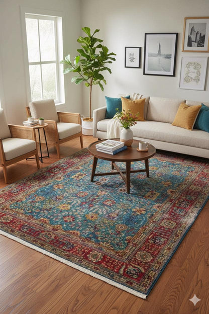 Blue Vintage Rug: Classic Washable Rug with Tassels