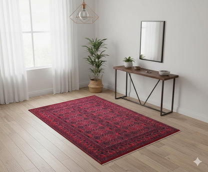 Vintage Red Afghan Rug: Washable Living Room Carpet