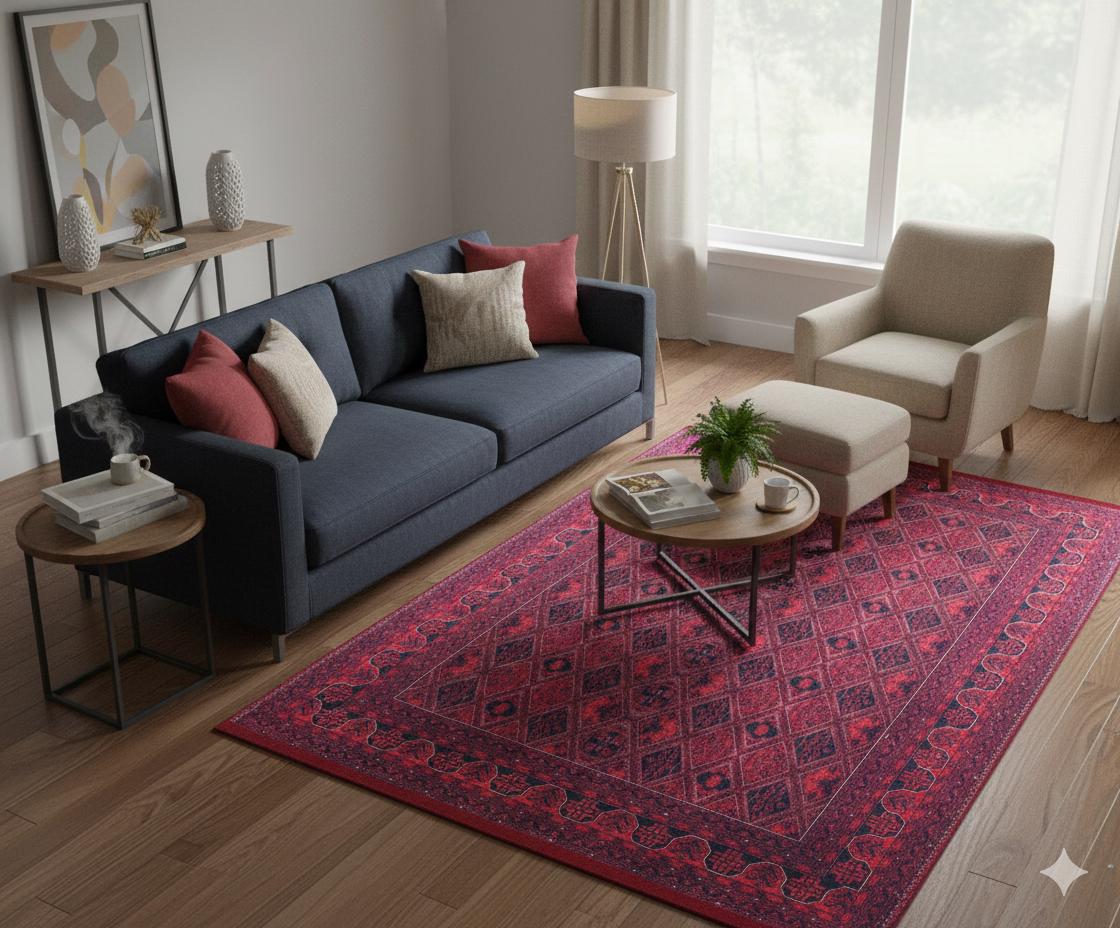 Vintage Red Afghan Rug: Washable Living Room Carpet