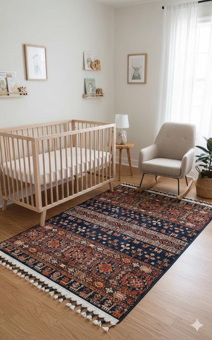 Blue Vintage Orienatl Rug: Classic Washable Rug with Tassels
