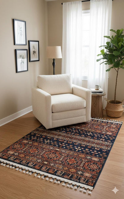 Blue Vintage Orienatl Rug: Classic Washable Rug with Tassels