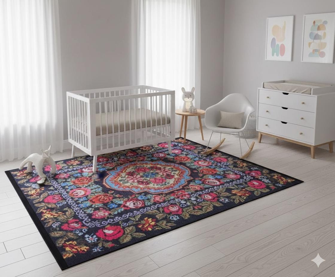 Black Vintage Karabagh Rug: Washable Floral Carpet with Tassels