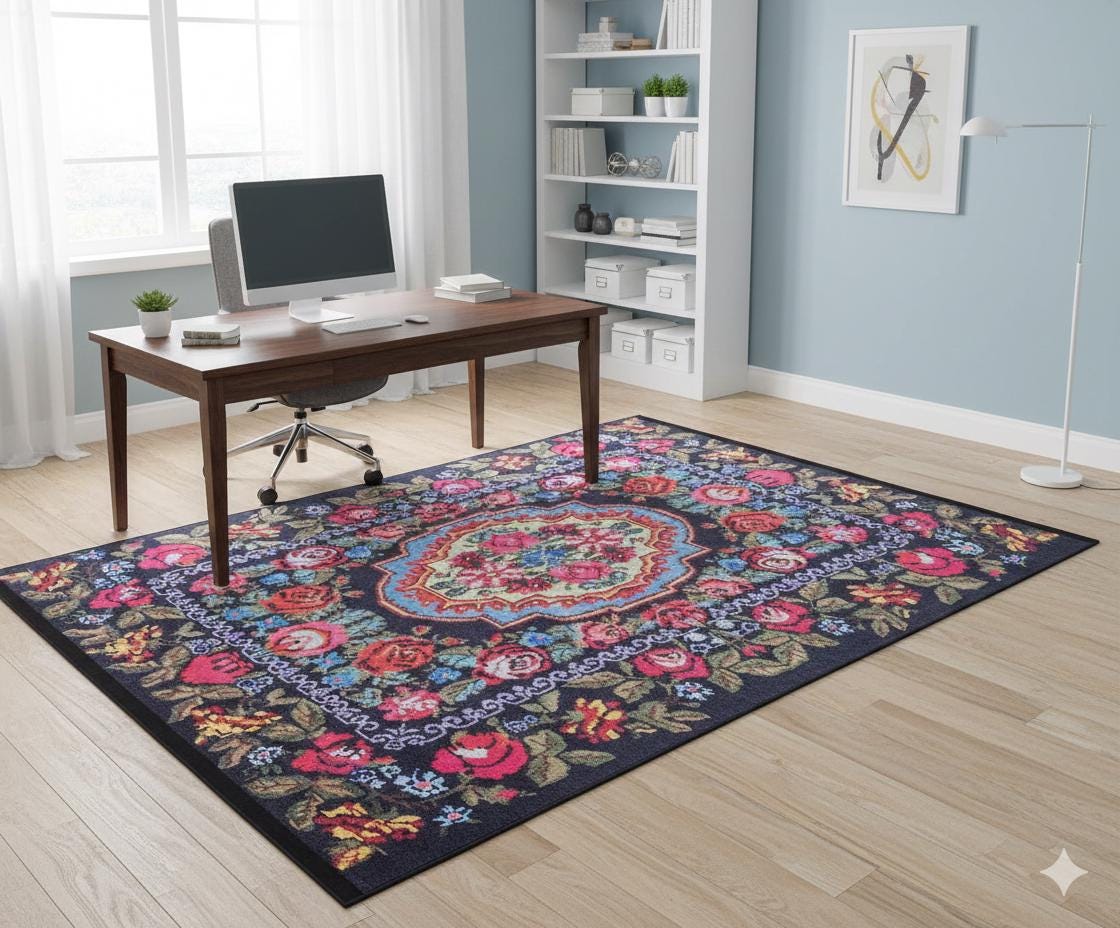 Black Vintage Karabagh Rug: Washable Floral Carpet with Tassels