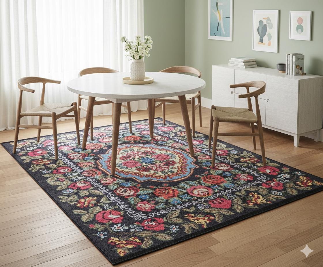 Black Vintage Karabagh Rug: Washable Floral Carpet with Tassels