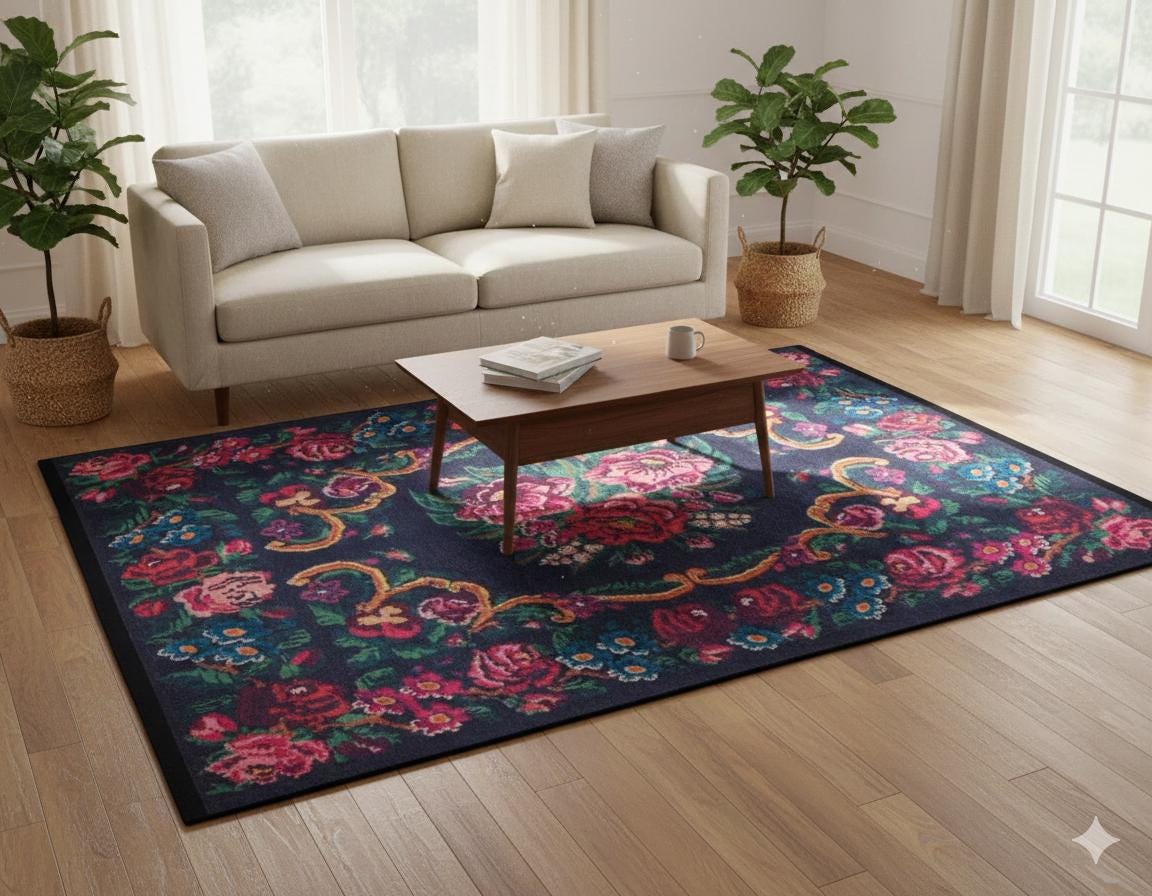 Black Karabagh Vintage Rug: Washable Floral Carpet with Tassels