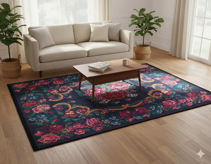 Black Karabagh Vintage Rug: Washable Floral Carpet with Tassels