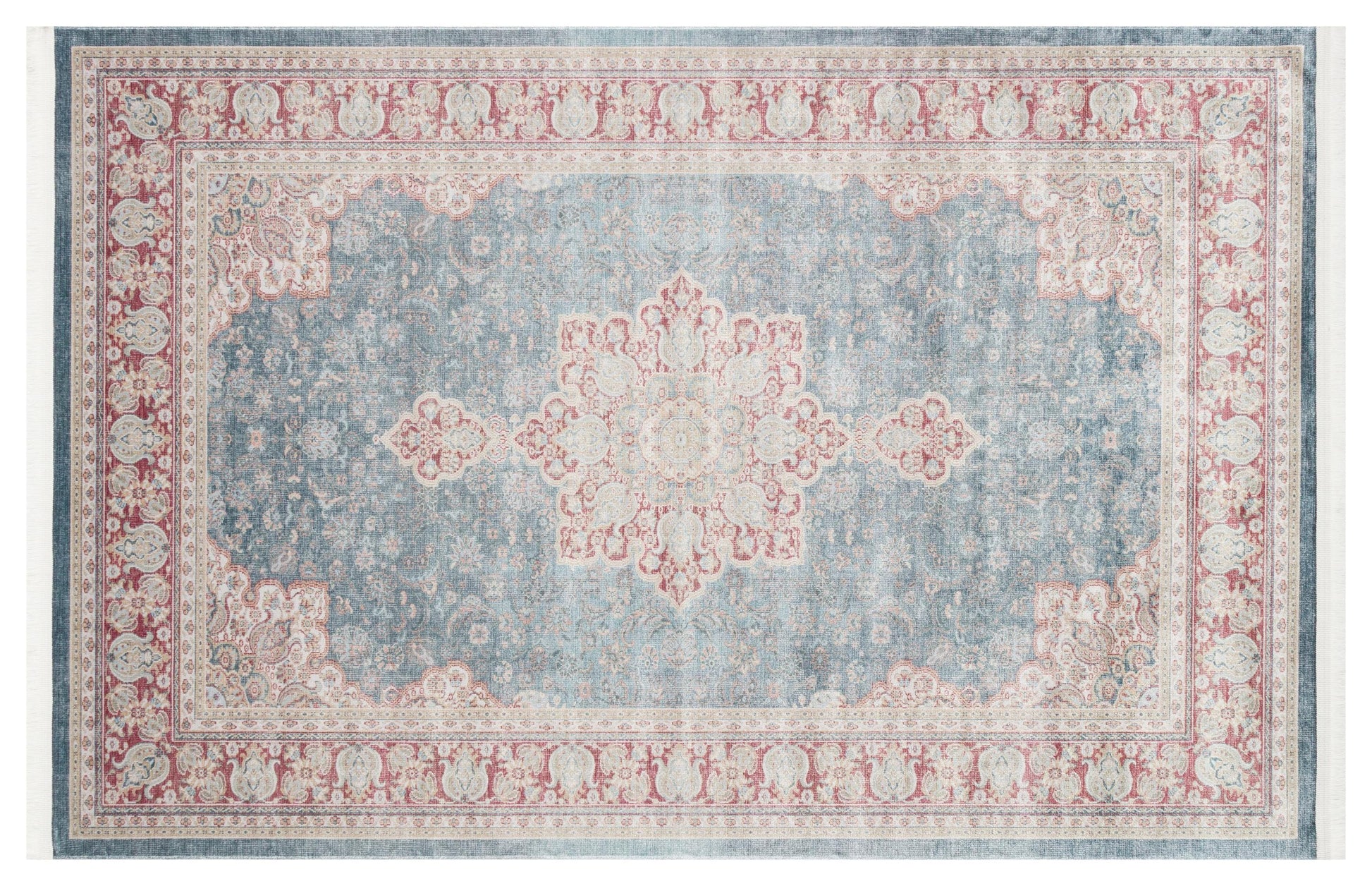 Blue Vintage Oriental Classic Rug: Washable Blue Carpet with Tassels