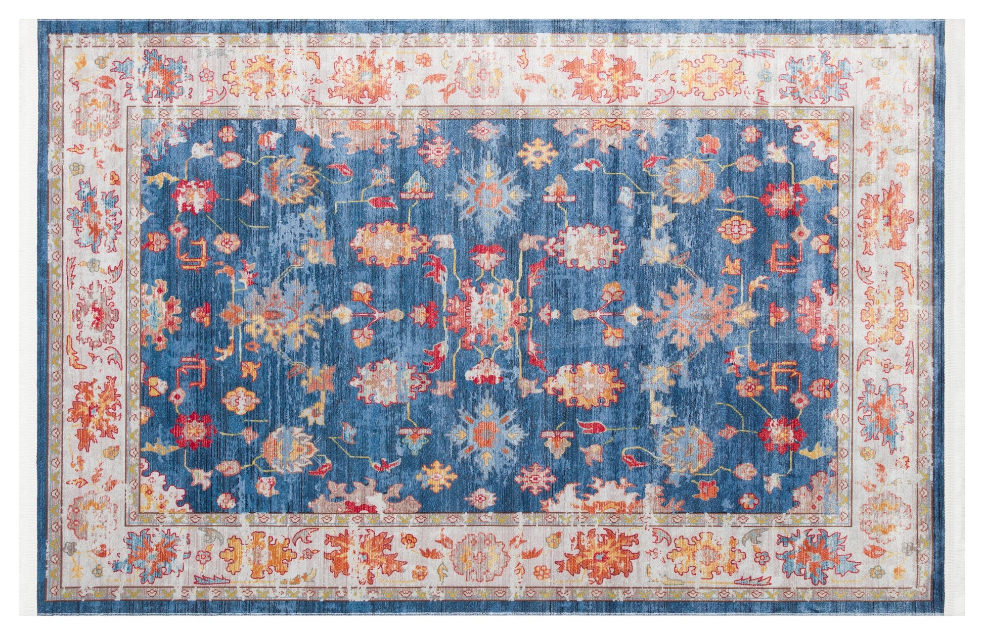 Blue Vintage Oriental Classic Rug: Washable Blue Oushak Carpet with Tassels
