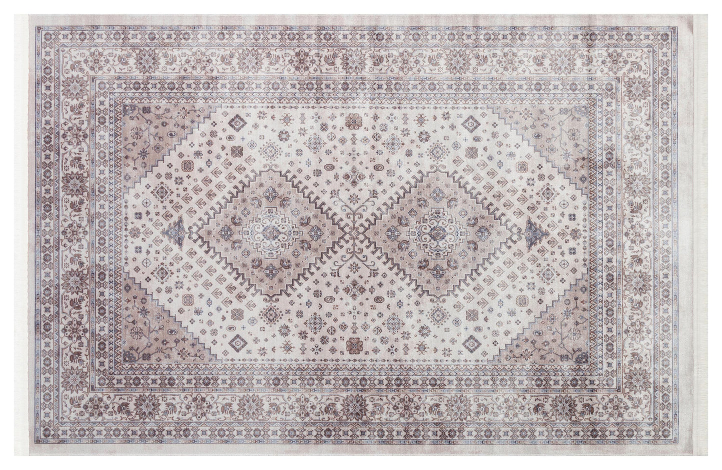 Beige Vintage Oriental Classic Rug: Washable Beige Oushak Carpet with Tassels