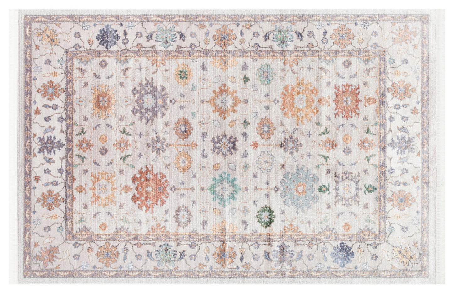 Beige Vintage Oriental Classic Rug: Washable Beige Oushak Carpet with Tassels