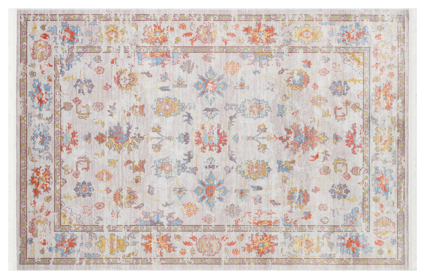 Beige Vintage Oriental Classic Rug: Washable Beige Oushak Carpet with Tassels