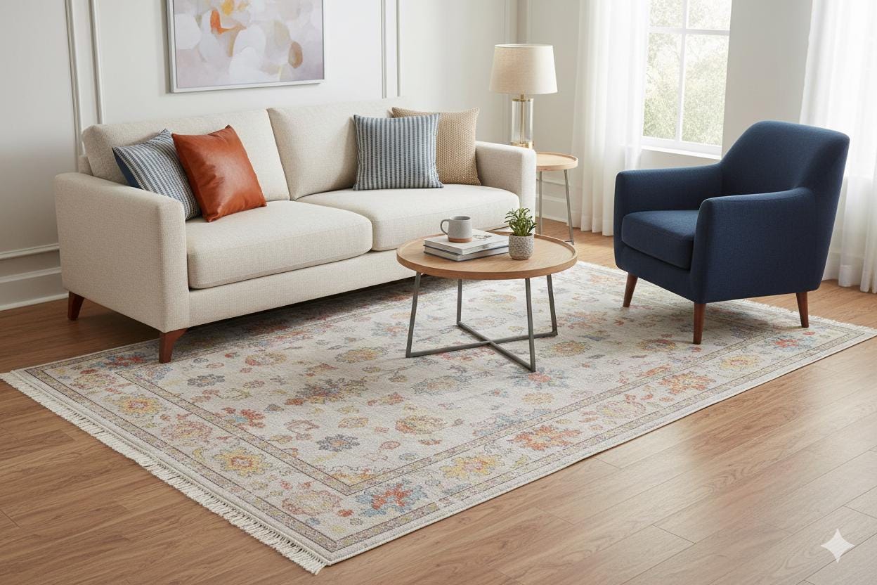 Beige Vintage Oriental Classic Rug: Washable Beige Oushak Carpet with Tassels