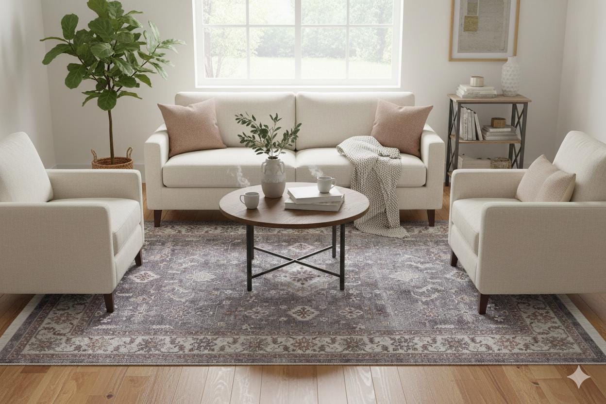 Beige Vintage Oriental Classic Rug: Washable Beige Oushak Carpet with Tassels