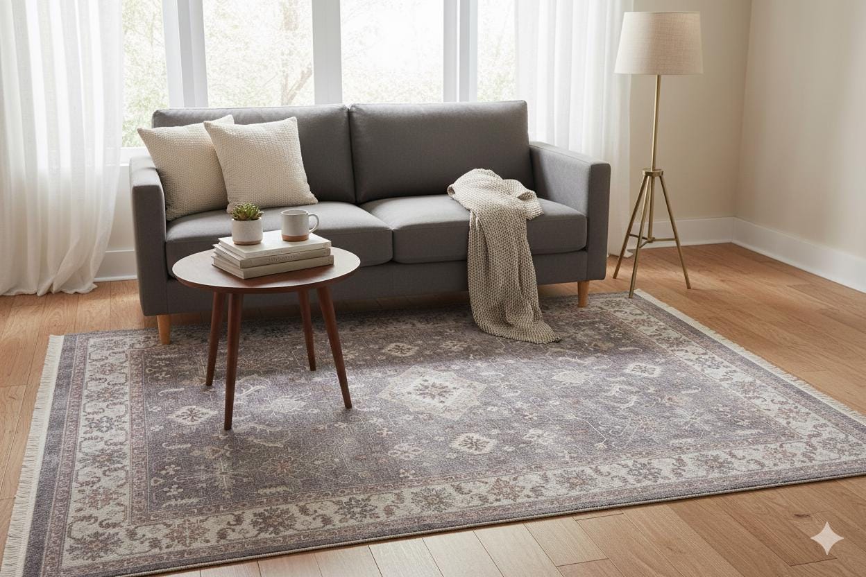 Beige Vintage Oriental Classic Rug: Washable Beige Oushak Carpet with Tassels
