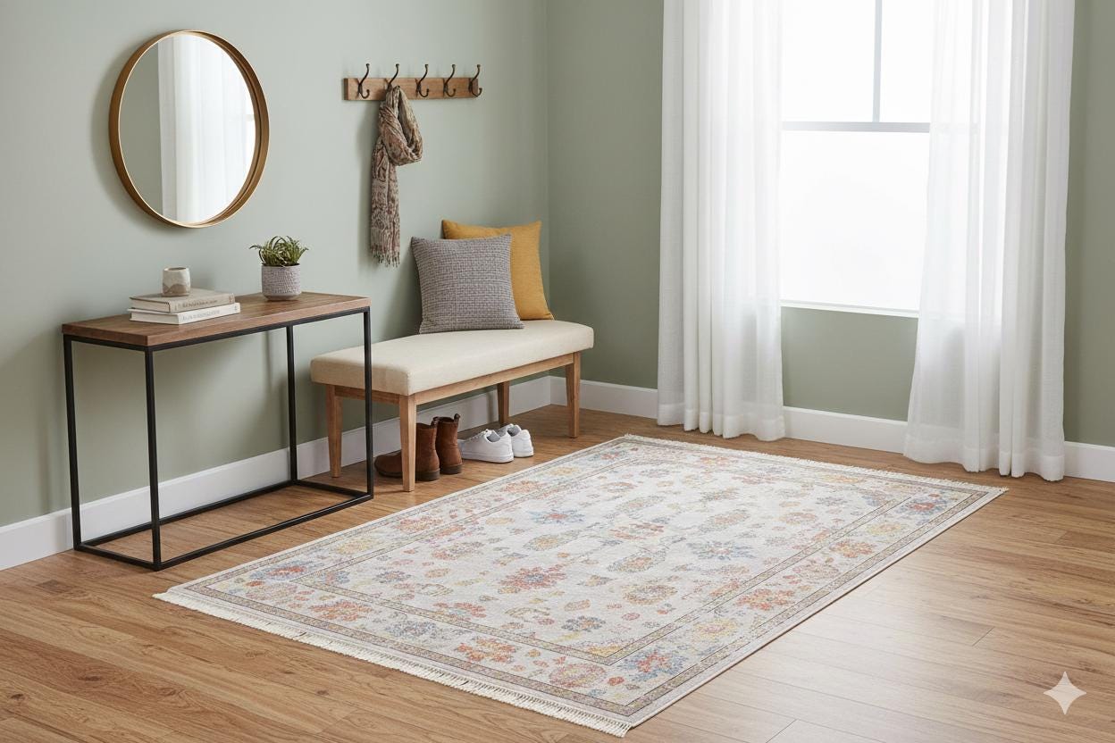 Beige Vintage Oriental Classic Rug: Washable Beige Oushak Carpet with Tassels