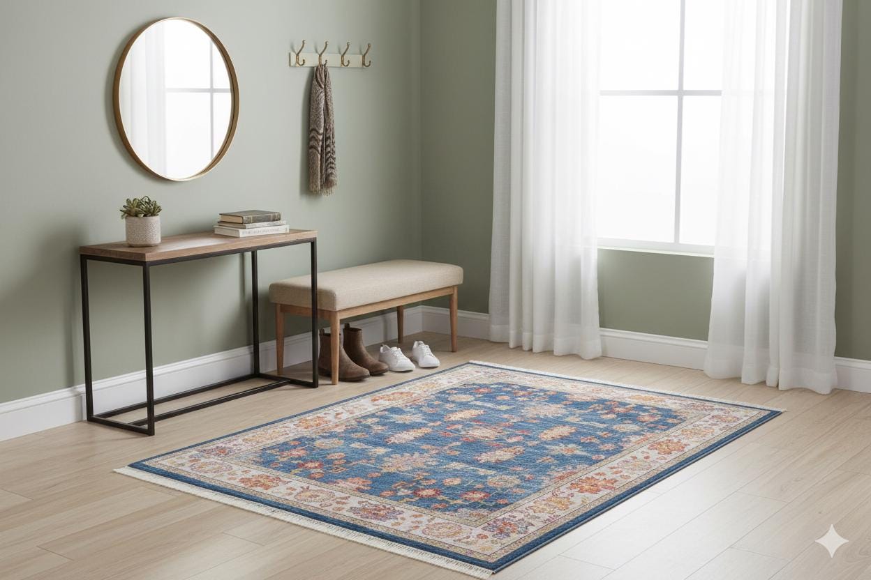 Blue Vintage Oriental Classic Rug: Washable Blue Oushak Carpet with Tassels