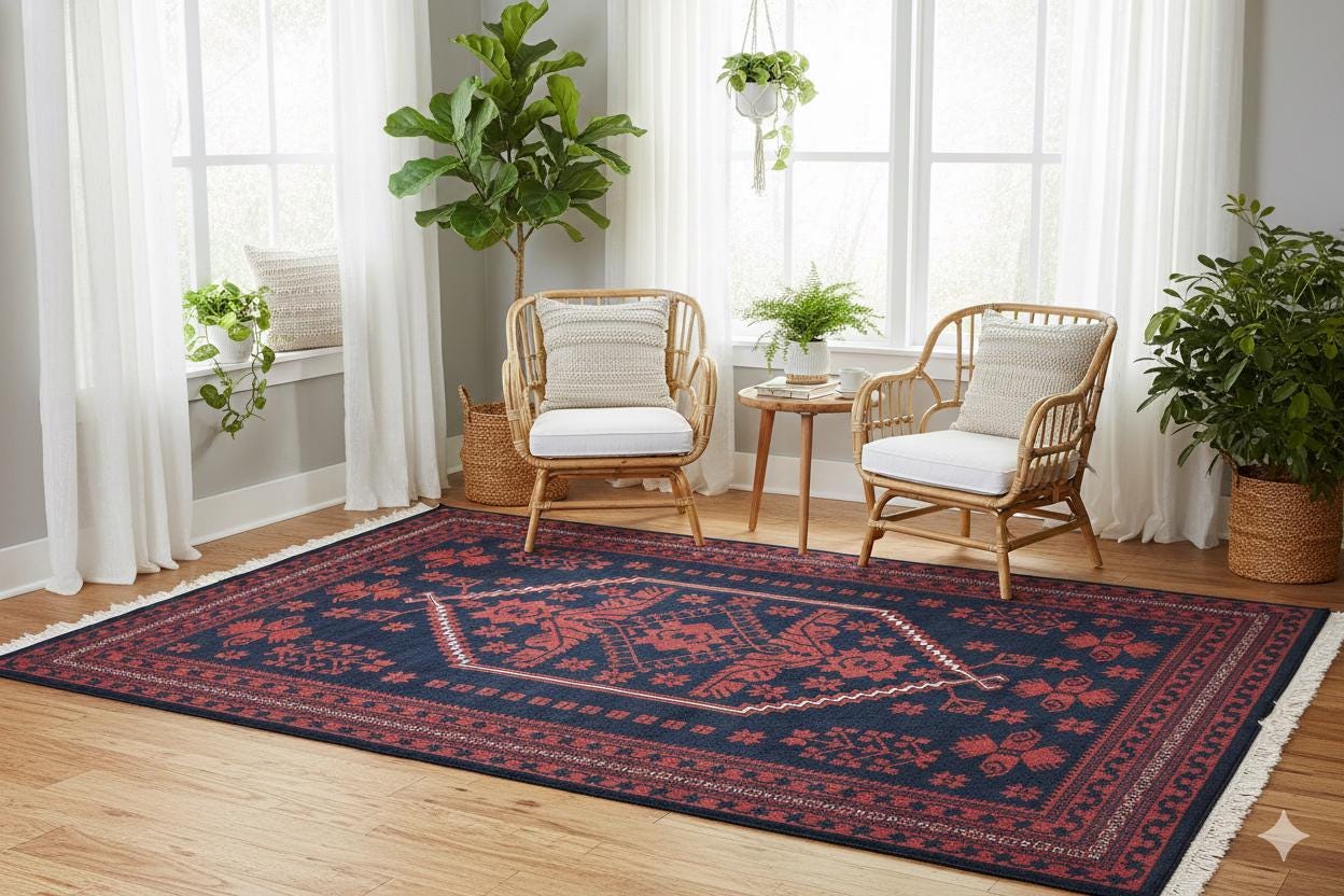 Red Vintage Oriental Afghan Rug: Washable Red Carpet with Tassels
