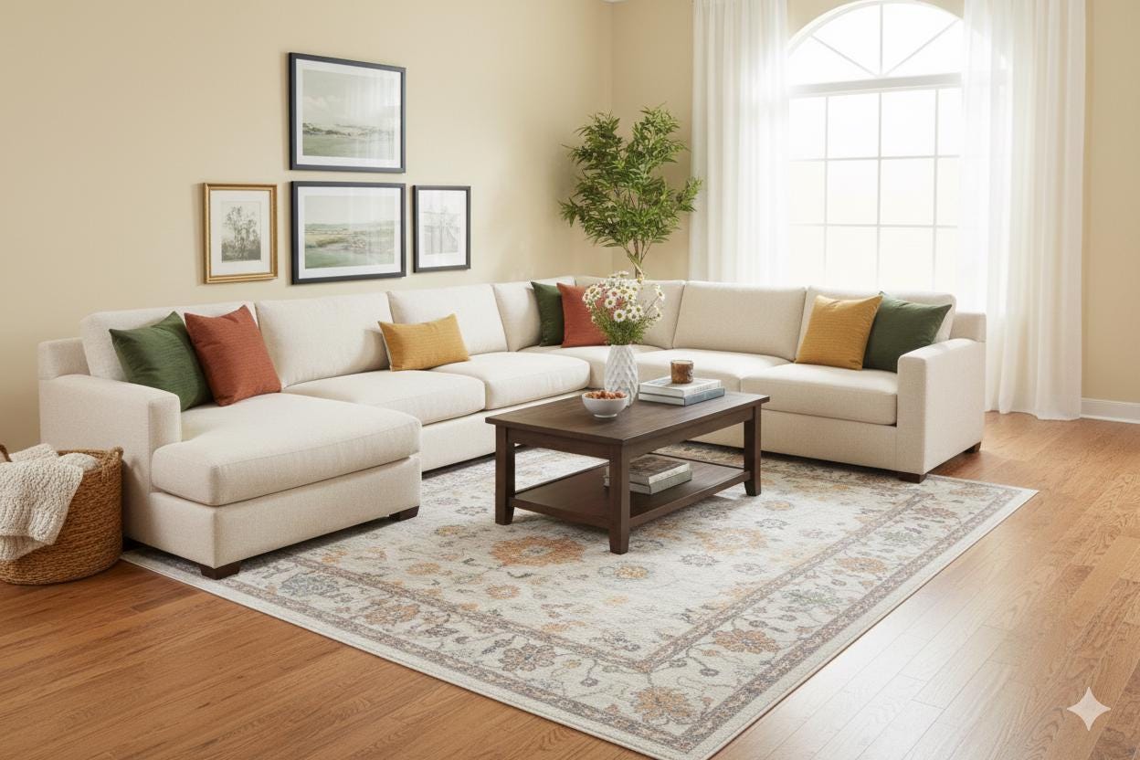 Beige Vintage Oriental Classic Rug: Washable Beige Oushak Carpet with Tassels