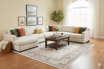 Beige Vintage Oriental Classic Rug: Washable Beige Oushak Carpet with Tassels