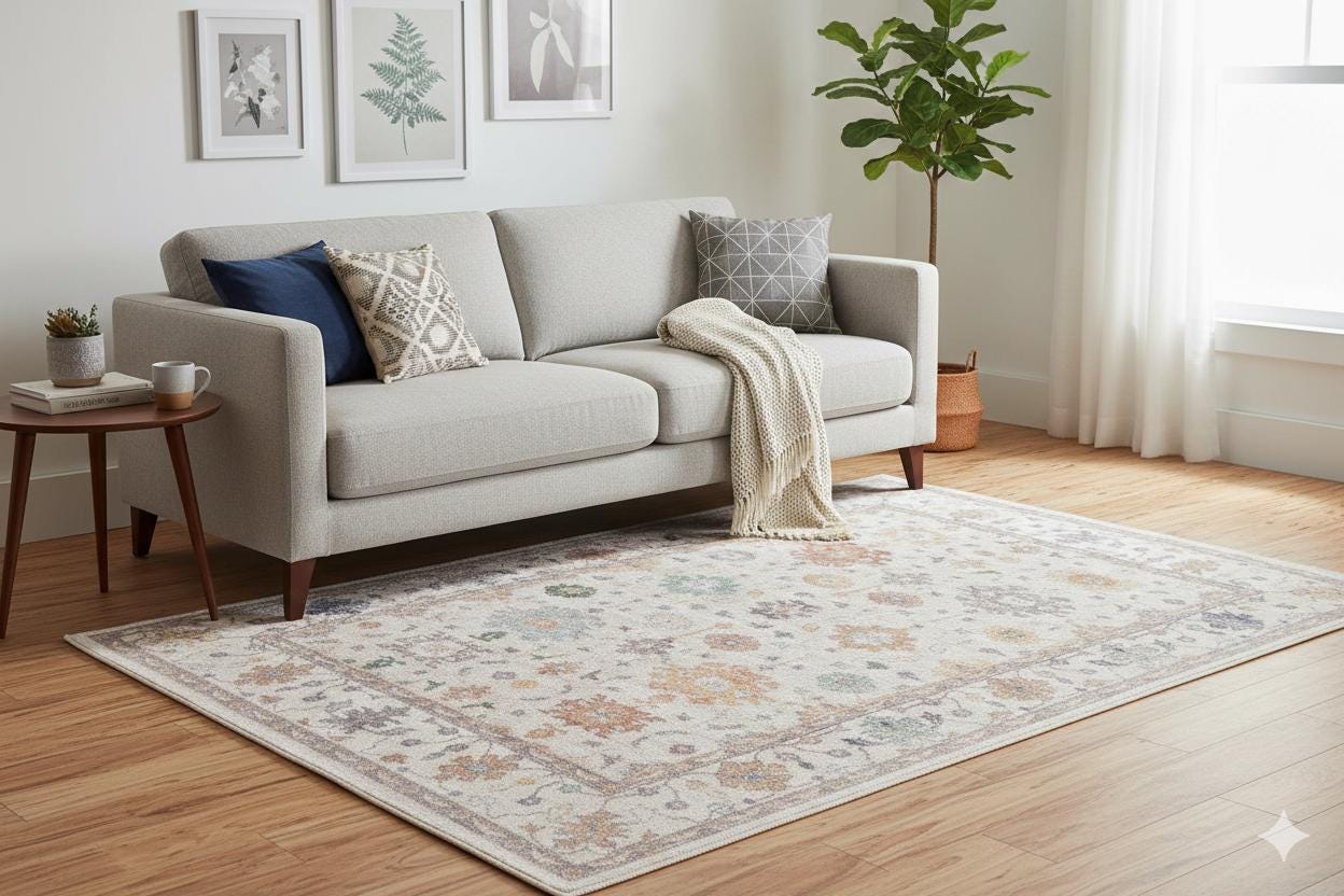 Beige Vintage Oriental Classic Rug: Washable Beige Oushak Carpet with Tassels