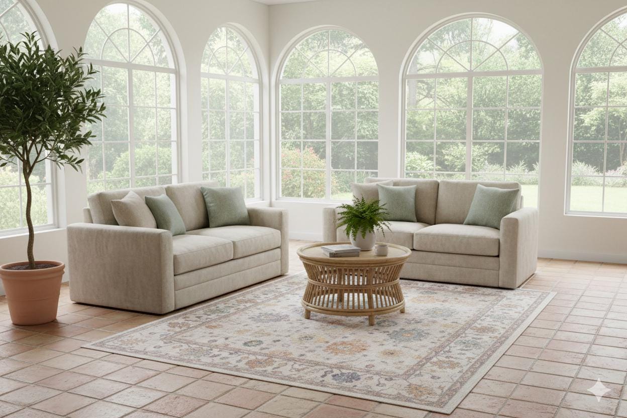 Beige Vintage Oriental Classic Rug: Washable Beige Oushak Carpet with Tassels