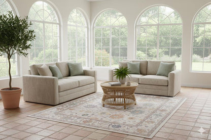 Beige Vintage Oriental Classic Rug: Washable Beige Oushak Carpet with Tassels
