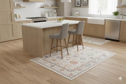 Beige Vintage Oriental Classic Rug: Washable Beige Oushak Carpet with Tassels