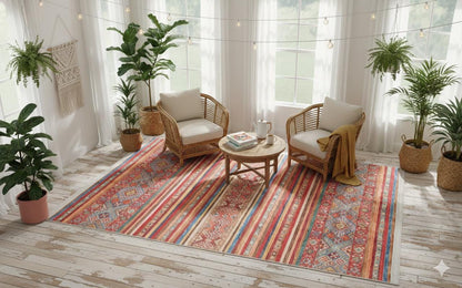 Red Vintage Oriental Afghan Rug: Washable Red Carpet with Stripes