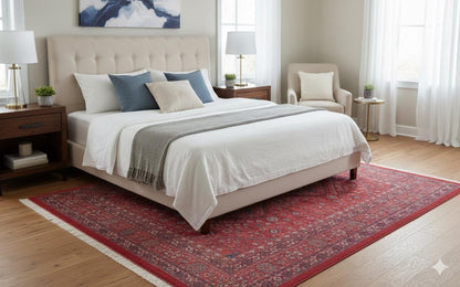 Red Vintage Oriental Afghan Rug: Washable Red Carpet with Tassels