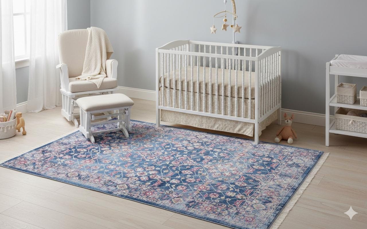 Blue Vintage Oriental Classic Rug: Washable Blue Carpet with Tassels