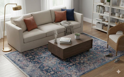 Blue Vintage Oriental Classic Rug: Washable Blue Carpet with Tassels