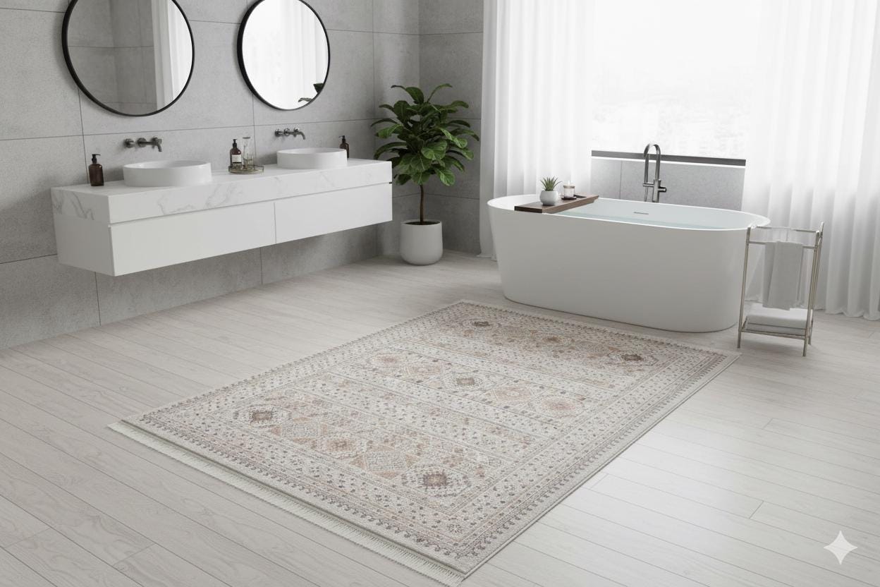 Beige Vintage Oriental Classic Rug: Washable Beige Oushak Carpet with Tassels