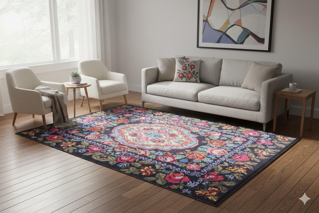 Black Karabagh Vintage Rug: Washable Floral Carpet with Tassels