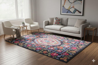 Black Karabagh Vintage Rug: Washable Floral Carpet with Tassels