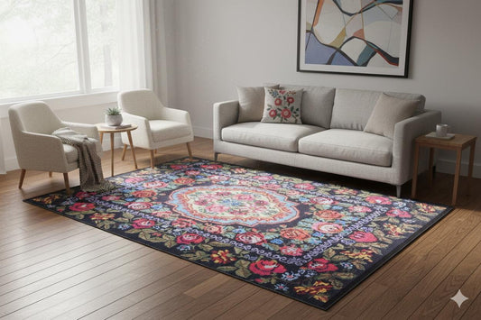 Black Karabagh Vintage Rug: Washable Floral Carpet with Tassels